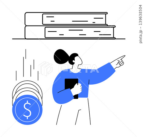 Financial literacy, education funding, savings, investments, budgeting, knowledge sharing. A woman holding a book pointing ahead with coins and books. Financial literacy and education funding concept Financial literacy, education funding, savings, investments, budgeting, knowledge sharing. A woman holding a book pointing ahead with coins and books. Financial literacy and education funding concept 139638504