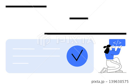 Web development, coding, verification, programming, identity confirmation, software design. Woman analyzing code on a monitor with large checkmark symbol. Web development and coding concept 139638575