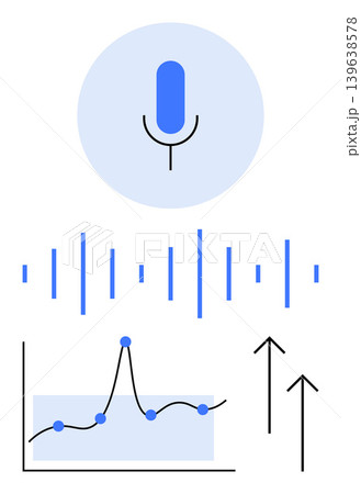 Voice recognition, AI analytics, sound data, tech innovation, performance metrics, growth tracking. Microphone with sound waves, graph and growth arrows. AI analytics and sound data ion Voice recognition, AI analytics, sound data, tech innovation, performance metrics, growth tracking. Microphone with sound waves, graph and growth arrows. AI analytics and sound data ion 139638578