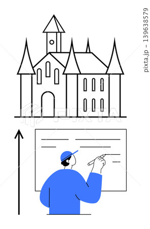 Education, architecture, creative design, learning, history, motivation. Person sketching a castle with an arrow pointing upward. Education and architecture concepts 139638579