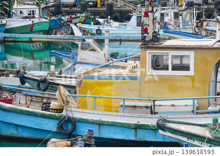 Colorful Traditional Fishing Boats Moored at Nanfangao Harbor in Taiwan 139638593