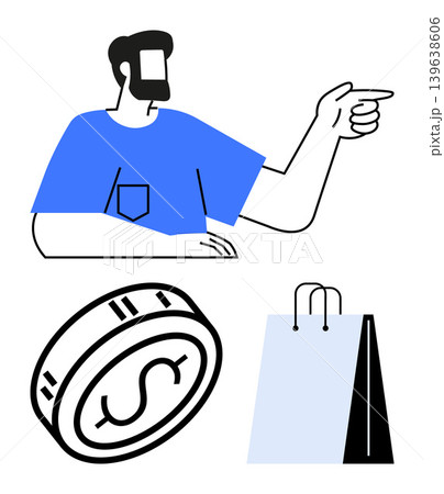 E-commerce, financial transactions, online shopping, retail, consumer behavior, marketing. Man pointing, a coin with a dollar sign and a shopping bag. E-commerce and financial transactions concept E-commerce, financial transactions, online shopping, retail, consumer behavior, marketing. Man pointing, a coin with a dollar sign and a shopping bag. E-commerce and financial transactions concept 139638606
