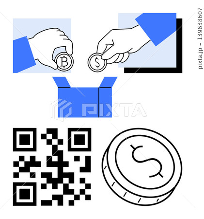 Cryptocurrency, digital payments, fintech, blockchain, e-commerce, secure transactions. Hands holding Bitcoin and Dollar coins above a blue box. Cryptocurrency and digital payments illustrated Cryptocurrency, digital payments, fintech, blockchain, e-commerce, secure transactions. Hands holding Bitcoin and Dollar coins above a blue box. Cryptocurrency and digital payments illustrated 139638607