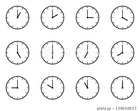 各時0分を示すシンプルな時計アイコンの12時間セット 139638617