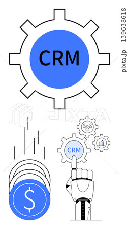 CRM systems, business automation, customer management, data solutions, sales growth, AI technology. Robot hand interacting with CRM gear, dollar symbol additional technology icons. CRM systems 139638618