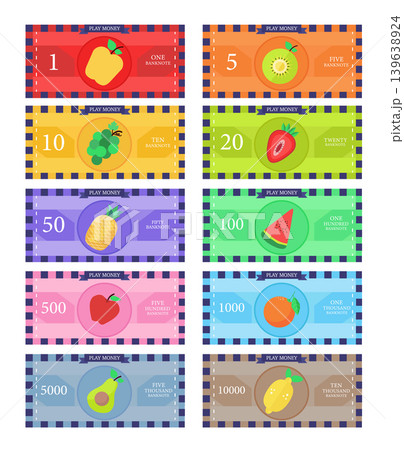 Money for game on a white background,Printable play money from 1 to 10000.banknotes design,fruity,summer card.Vector illustrations. Money for game on a white background,Printable play money from 1 to 10000.banknotes design,fruity,summer card.Vector illustrations. 139638924