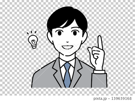 笑顔でポイントを説明するスーツ姿の若い男性のイラスト　モノトーン 139639168