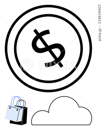 E-commerce, online shopping, digital transactions, cloud computing, financial technology, retail services. Dollar sign encircled, shopping bags and a cloud. E-commerce and digital transactions E-commerce, online shopping, digital transactions, cloud computing, financial technology, retail services. Dollar sign encircled, shopping bags and a cloud. E-commerce and digital transactions 139639407