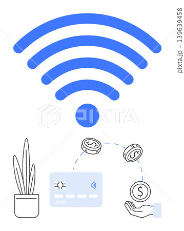 Online transactions, contactless payments, digital finance, e-commerce, remote banking, cashless economy. wireless signal above a credit card, coins and a hand. Online transactions and contactless 139639458