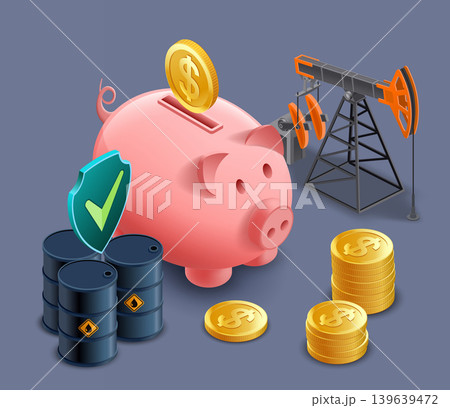 Barrels of oil near coins, a piggy bank, and an oil pump Barrels of oil near coins, a piggy bank, and an oil pump 139639472