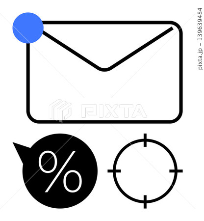 Digital marketing, email campaigns, notifications, business strategy, discount offers, precision targeting. Envelope with notification dot, focus symbol target and percentage sign. Email campaigns Digital marketing, email campaigns, notifications, business strategy, discount offers, precision targeting. Envelope with notification dot, focus symbol target and percentage sign. Email campaigns 139639484