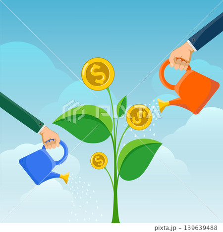 Businessmen watering a tree with coins from watering cans Businessmen watering a tree with coins from watering cans 139639488