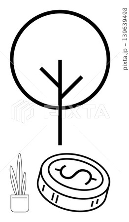 Finance, sustainability, growth, investment, eco-friendly economy, wealth creation. Minimalist tree, potted plant and dollar coin. Sustainability and financial growth through symbolic elements Finance, sustainability, growth, investment, eco-friendly economy, wealth creation. Minimalist tree, potted plant and dollar coin. Sustainability and financial growth through symbolic elements 139639498