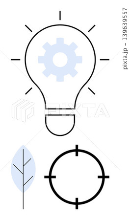 Innovation, sustainability, creative solutions, eco-friendly initiatives, efficiency, renewable energy. Lightbulb with gear, leaf and target icons. Innovation and sustainability concept Innovation, sustainability, creative solutions, eco-friendly initiatives, efficiency, renewable energy. Lightbulb with gear, leaf and target icons. Innovation and sustainability concept 139639557