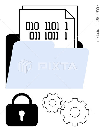 Data encryption, cybersecurity, file management, information security, confidentiality, digital tools. A folder with binary code, padlock and cogs. Data encryption and cybersecurity Data encryption, cybersecurity, file management, information security, confidentiality, digital tools. A folder with binary code, padlock and cogs. Data encryption and cybersecurity 139639558