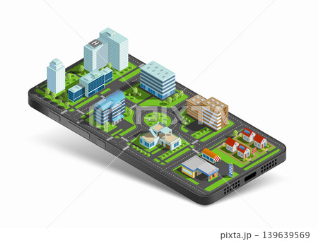 City with buildings and roads on a smartphone screen. 139639569