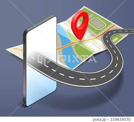 Road on a smartphone screen. Map with pointe Road on a smartphone screen. Map with pointe 139639570