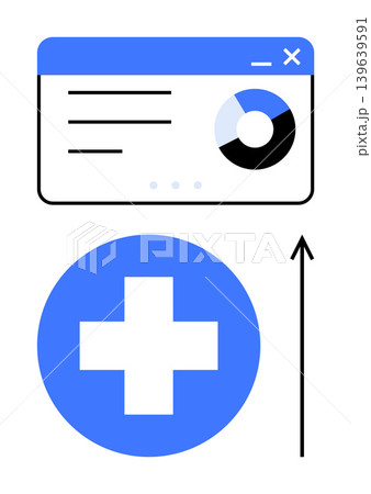 Healthcare analytics, data visualization, growth trends, medical progress, healthcare strategy, system improvement. Blue medical cross, chart interface upward arrow. Healthcare analytics and data 139639591