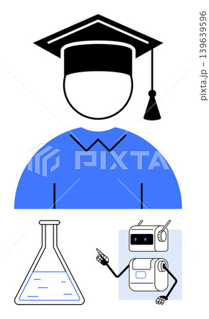 Education, innovation, artificial intelligence, STEM learning, science experiments, future professions. Minimalist graphic with a graduate cap, laboratory flask and robot. Education and STEM 139639596