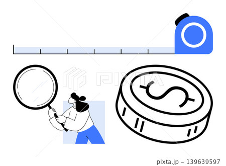 Finance, investment, business analysis, measurement tools, economic growth, research. Woman with magnifying glass, tape measure and dollar coin. Finance and business analysis illustration 139639597