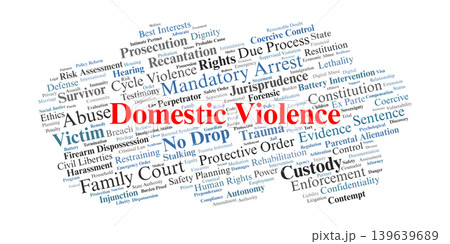 Domestic Violence Word Cloud. Visual summary of legal concepts regarding domestic abuse, coercive control, protective orders, and the intersection of criminal and family law systems. 139639689