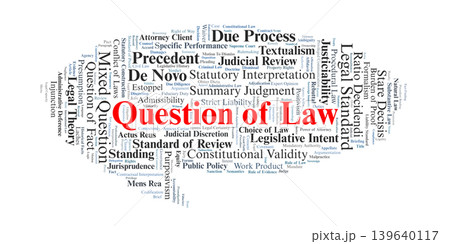 Question of Law Word Cloud. Visual summary of concepts distinguishing legal interpretation from fact-finding, focusing on judicial authority, statutory construction, and de novo review. Question of Law Word Cloud. Visual summary of concepts distinguishing legal interpretation from fact-finding, focusing on judicial authority, statutory construction, and de novo review. 139640117