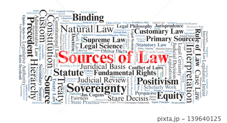 Sources of Law Word Cloud. A visual exploration of the constitutional, statutory, and customary roots of legal rules, emphasizing the hierarchy of authority and systemic legitimacy. Sources of Law Word Cloud. A visual exploration of the constitutional, statutory, and customary roots of legal rules, emphasizing the hierarchy of authority and systemic legitimacy. 139640125