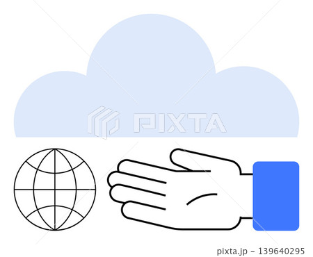 Cloud storage, technology integration, data sharing, global connectivity, IT services, virtual access. Image shows a hand, globe icon and cloud symbol. Cloud storage and global connectivity concept Cloud storage, technology integration, data sharing, global connectivity, IT services, virtual access. Image shows a hand, globe icon and cloud symbol. Cloud storage and global connectivity concept 139640295