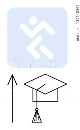 Education, career advancement, achievement, goal setting, knowledge growth, progress forward. Image displays a graduation cap, an arrow pointing upward and a figure. Education and career advancement Education, career advancement, achievement, goal setting, knowledge growth, progress forward. Image displays a graduation cap, an arrow pointing upward and a figure. Education and career advancement 139640365
