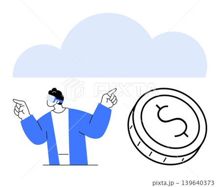 Cloud technology, virtual reality integration, digital currency, fintech innovation, online transactions, futuristic finance. Person using VR headset, pointing to a cloud with a dollar coin. Cloud 139640373