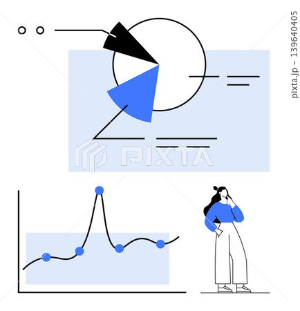 Data analysis, statistics, business trends, analytics, research, decision-making. Minimalist design showing pie and line charts with woman thinking. Data analysis and statistics idea 139640405