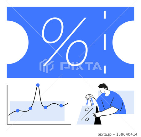 Online shopping, data analytics, discount strategies, retail marketing, sales growth, consumer trends. Large percentage sign, graph with trendline and person holding shopping bags. Retail marketing 139640414