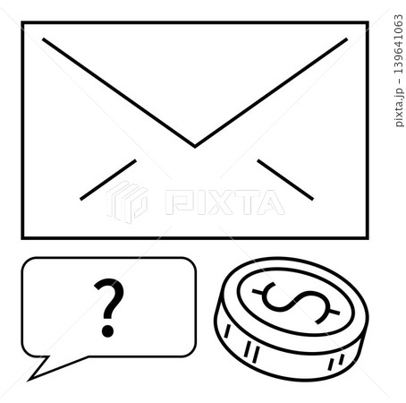 Financial transactions, online payment, email communication, savings, inquiries, e-commerce. Envelope, coin with dollar sign and question mark in a speech bubble. Financial transactions and online 139641063