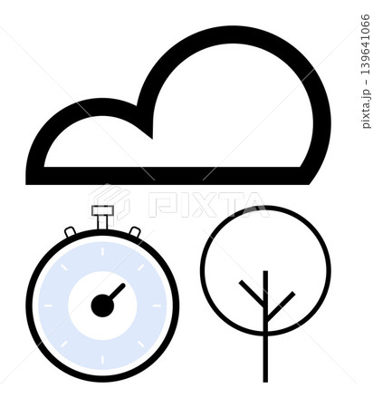 Time management, environmental design, cloud computing, ecology, nature conservation, efficiency. Cloud, stopwatch and minimal tree art in black and white. Time management and environmental design Time management, environmental design, cloud computing, ecology, nature conservation, efficiency. Cloud, stopwatch and minimal tree art in black and white. Time management and environmental design 139641066