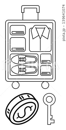 Travel planning, packing strategies, organization, financial savings, security, vacations. A suitcase with neatly packed items, a dollar coin and a key. Travel planning and packing strategies Travel planning, packing strategies, organization, financial savings, security, vacations. A suitcase with neatly packed items, a dollar coin and a key. Travel planning and packing strategies 139641074