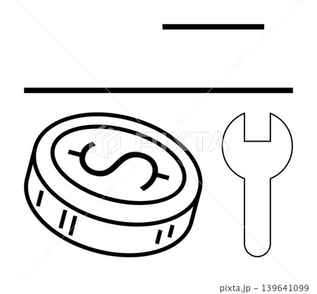 Financial planning, budgeting, economics, repair costs, monetary services, savings goals. Line art of a coin with dollar symbol and a wrench. Financial planning and budgeting concept Financial planning, budgeting, economics, repair costs, monetary services, savings goals. Line art of a coin with dollar symbol and a wrench. Financial planning and budgeting concept 139641099