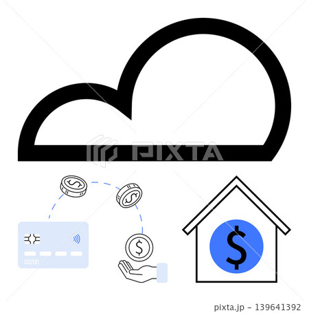 Financial technology, digital payments, savings, cloud storage, personal finance, online transactions. Cloud symbol, card coins hand house. Financial technology and digital payments concept 139641392
