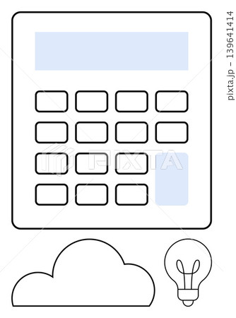 Technology, cloud computing, innovation, finance, problem solving, business tools. Minimalist calculator with a cloud and light bulb icon. Technology and cloud computing concept Technology, cloud computing, innovation, finance, problem solving, business tools. Minimalist calculator with a cloud and light bulb icon. Technology and cloud computing concept 139641414