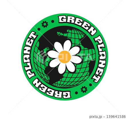 Planet green globe Y2K groovy sticker or tag. Planet Y2K vector terrestrial sphere sticker, Earth wireframe globe tag. Mesh sphere label with globe black mesh, typography and chamomile flower 139641586