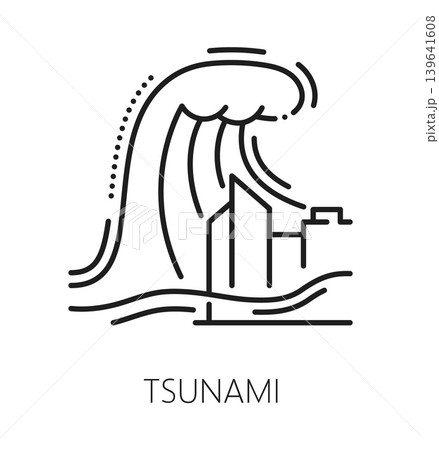 Tsunami wave natural disaster, environment cataclysm line icon. Tsunami catastrophe sign, environmental cataclysm vector pictogram. Natural disaster outline icon with huge water wave hitting city 139641608