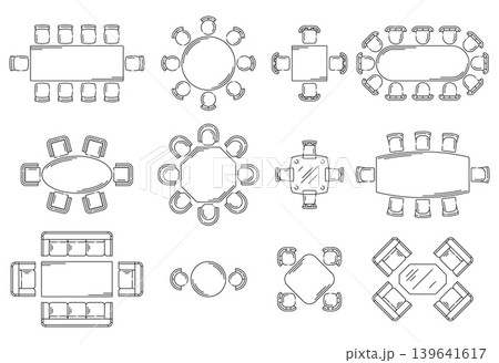 Event, conference and restaurant seat plan diagram. Architectural layouts and interior scheme with banquet and dining tables, cocktail round tables, sofa lounge areas and multi chair arrangement 139641617