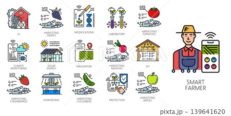 Robot smart farm technology color icons, agriculture and food industry. Vector line crop plants, farmer and digital farm field, AI robot hands, cultivation and harvesting symbols of smart technologies Robot smart farm technology color icons, agriculture and food industry. Vector line crop plants, farmer and digital farm field, AI robot hands, cultivation and harvesting symbols of smart technologies 139641620