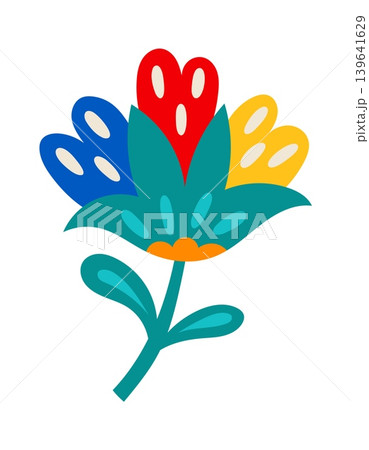 Mexican folklore print graphic flower decoration with blue red and yellow petals. Hispanic nature element, Latin American culture colorful plant vector decor. Mexican folk flower object Mexican folklore print graphic flower decoration with blue red and yellow petals. Hispanic nature element, Latin American culture colorful plant vector decor. Mexican folk flower object 139641629