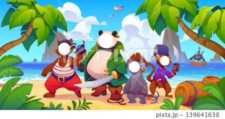 Animal pirates photobooth, corsairs photo booth frame with cutout face holes. Cartoon bear, panda, koala or monkey characters on sunny tropical beach with palm trees, barrels and ship posing for event Animal pirates photobooth, corsairs photo booth frame with cutout face holes. Cartoon bear, panda, koala or monkey characters on sunny tropical beach with palm trees, barrels and ship posing for event 139641638