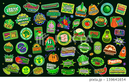 Organic and vegan food y2k groovy patch stickers, eco product retro funky labels with vector fruit, vegetables and green leaves. Vintage natural bio organic food stickers pack with cartoon veggies 139641654