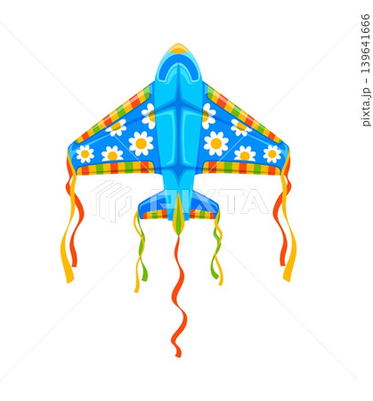 Festival paper kite in shape of airplane, painted in vivid blue color with white daisy flowers on wings. Indian festival flying toy isolated cartoon vector item, kids outdoor sports kite or paper wing Festival paper kite in shape of airplane, painted in vivid blue color with white daisy flowers on wings. Indian festival flying toy isolated cartoon vector item, kids outdoor sports kite or paper wing 139641666