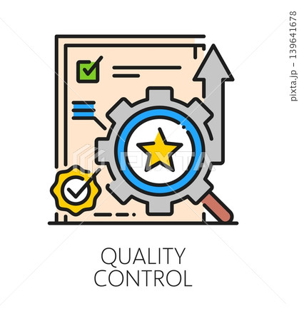 Product quality control and inspection icon or pictogram. Regulatory control symbol, business product quality inspection color line vector icon or sign with document, cogwheel and magnifying glass Product quality control and inspection icon or pictogram. Regulatory control symbol, business product quality inspection color line vector icon or sign with document, cogwheel and magnifying glass 139641678