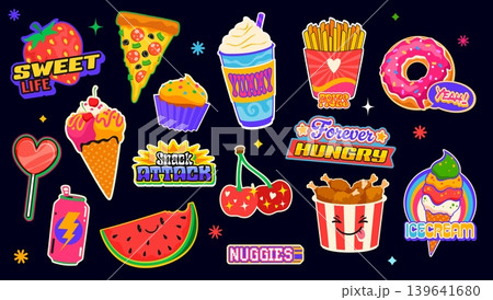 Fast food y2k stickers, takeaway food retro patch labels. Cartoon vector badges set featuring fastfood snacks, sweets, fruits, pizza, ice cream, donuts, fries, soda, and funny hippie style phrases Fast food y2k stickers, takeaway food retro patch labels. Cartoon vector badges set featuring fastfood snacks, sweets, fruits, pizza, ice cream, donuts, fries, soda, and funny hippie style phrases 139641680