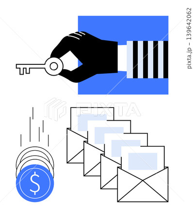 Cybersecurity, online fraud protection, data security, hacking, financial security, identity theft. Image shows hand holding a key, coins and envelopes. Cybersecurity and online fraud protection 139642062