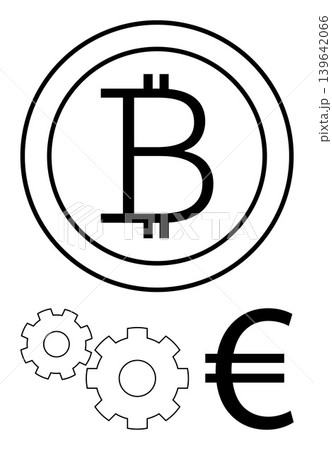 Cryptocurrency, blockchain, fintech solutions, global economy, digital payments, decentralized systems. Bitcoin symbol in a circle, euro sign and gears. Cryptocurrency and blockchain concept Cryptocurrency, blockchain, fintech solutions, global economy, digital payments, decentralized systems. Bitcoin symbol in a circle, euro sign and gears. Cryptocurrency and blockchain concept 139642066